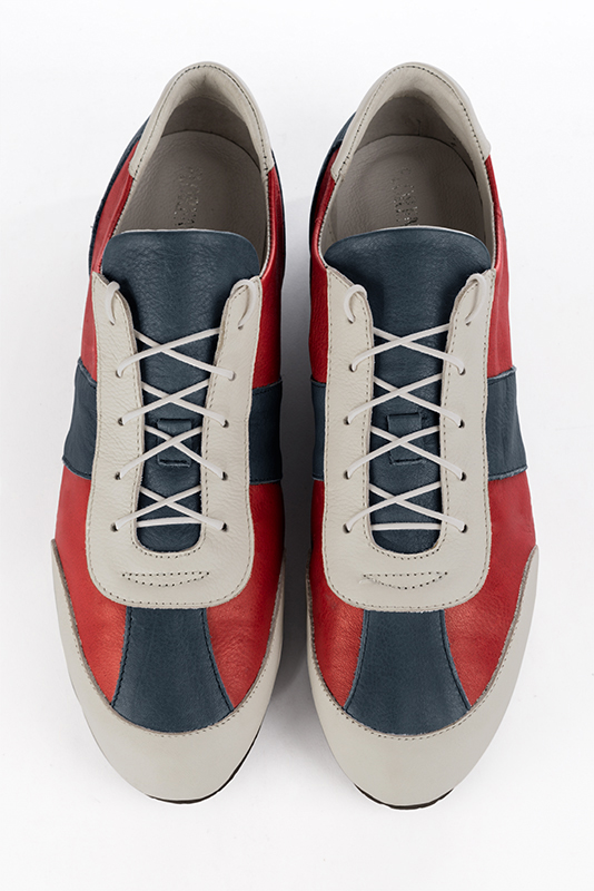 Off white, scarlet red and denim blue three-tone dress sneakers for men. Round toe. Flat wedge soles. Top view - Florence KOOIJMAN
